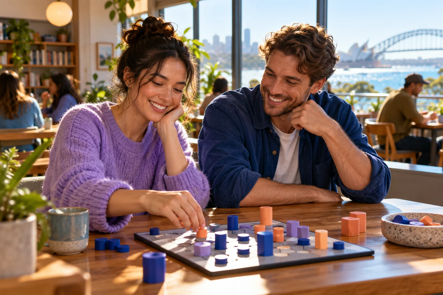 Two friends smiling over a compact abstract strategy game