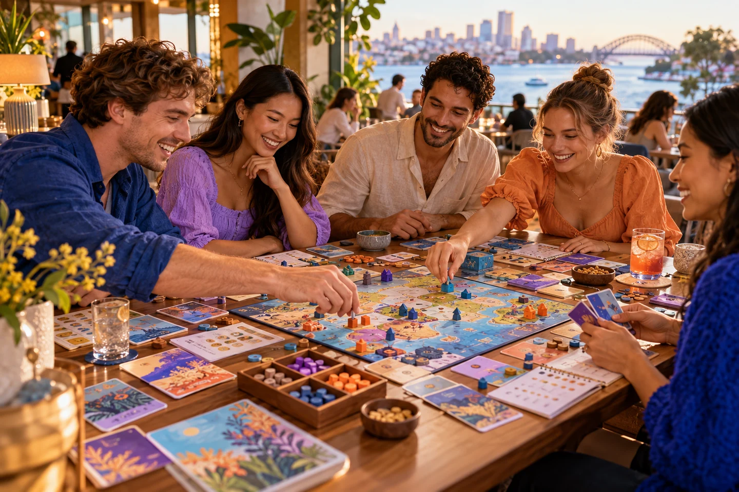 An overhead arrangement of colourful cards score pads and wooden counters