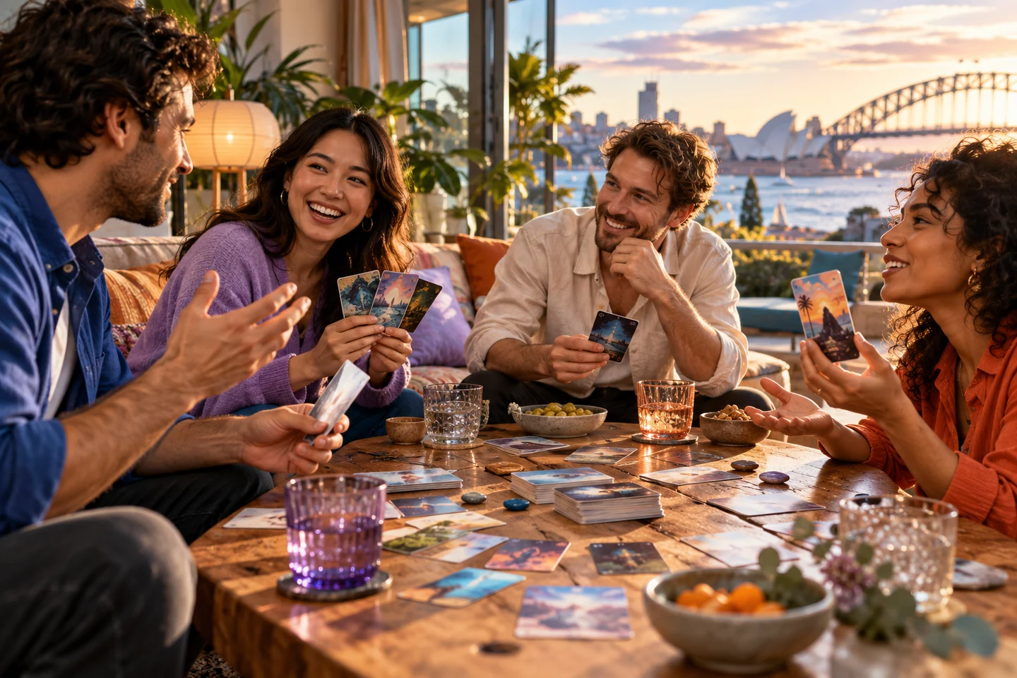 Adults taking part in a conversational storytelling card game