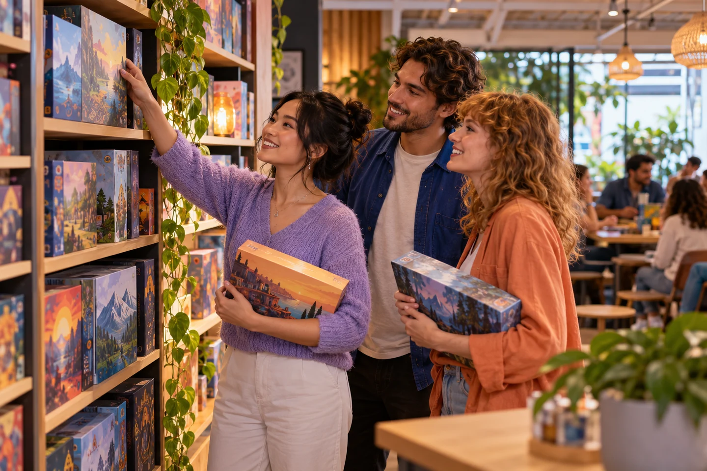 Players choosing a game from a colourful shelf