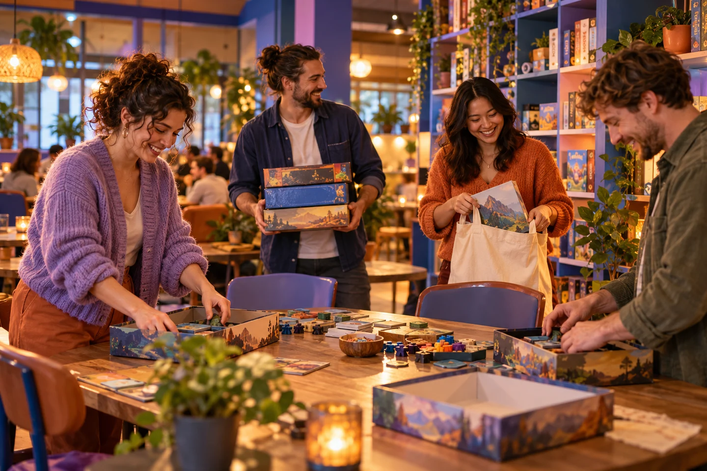 Adults packing games together after an evening